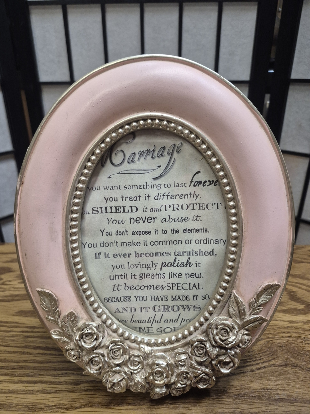 Cottage Garden antiqued pink floral champagne oval frame with Marital analogue